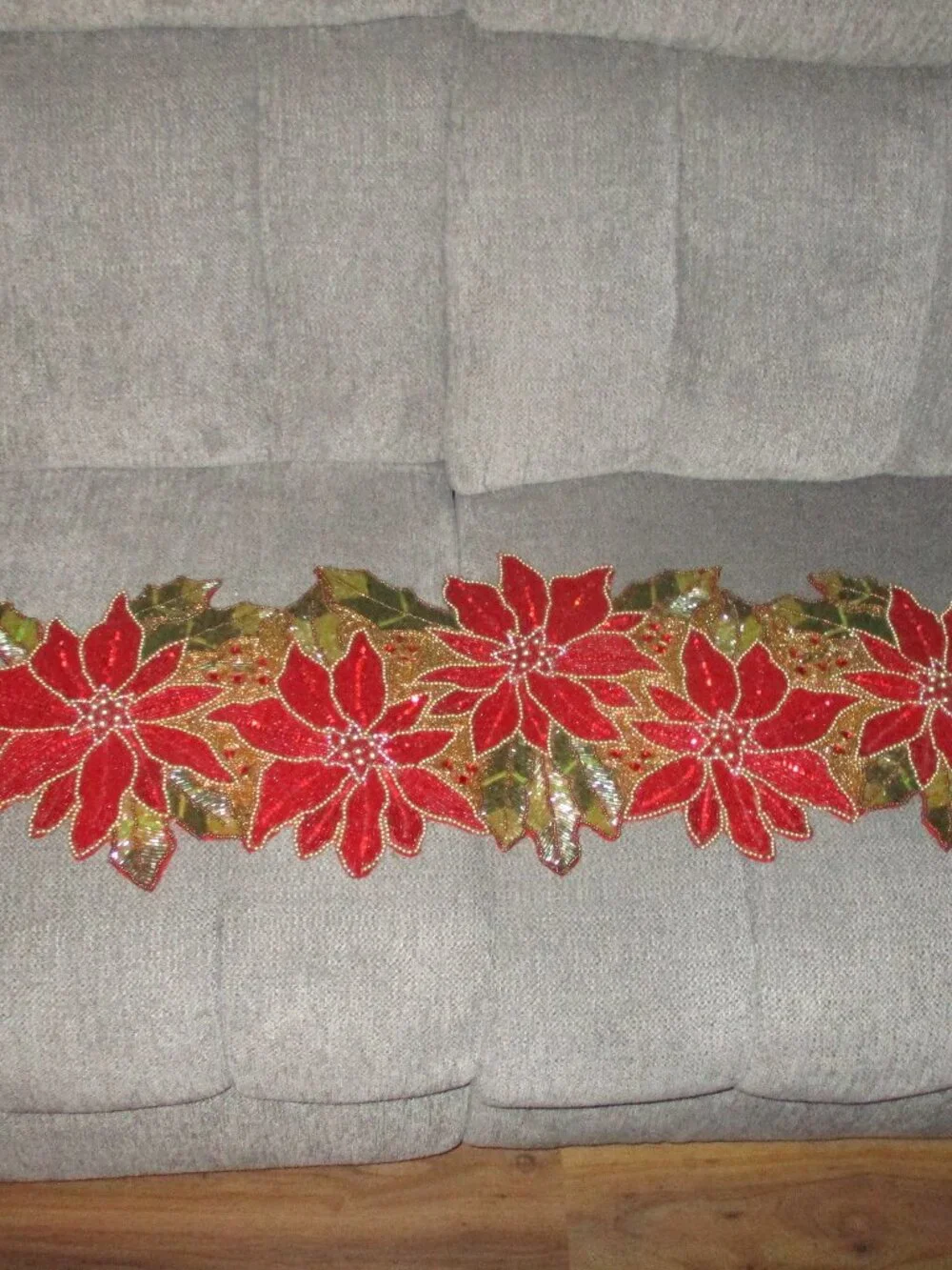 Piet One Imports Beaded Table Runner Poinsettia Christmas Vintage Red Gold Green